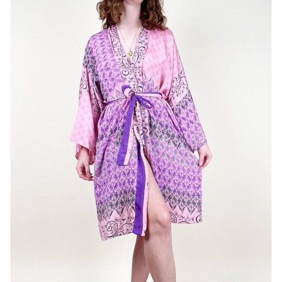 100% Silk Robe Kimono Duster Jacket Coat Cardigan Boho Hippie Bohemian Lounge - Picture 5 of 5